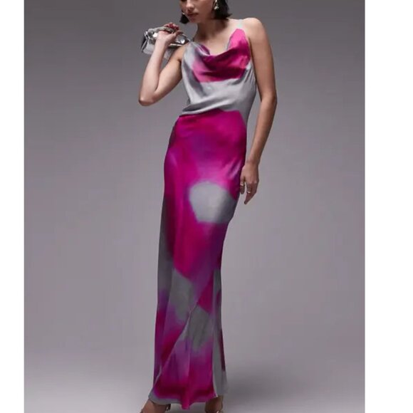 Topshop Dresses & Skirts - Topshop Vibrant Pink and Gray Cowl Neck Satin Maxi Dress Size 6